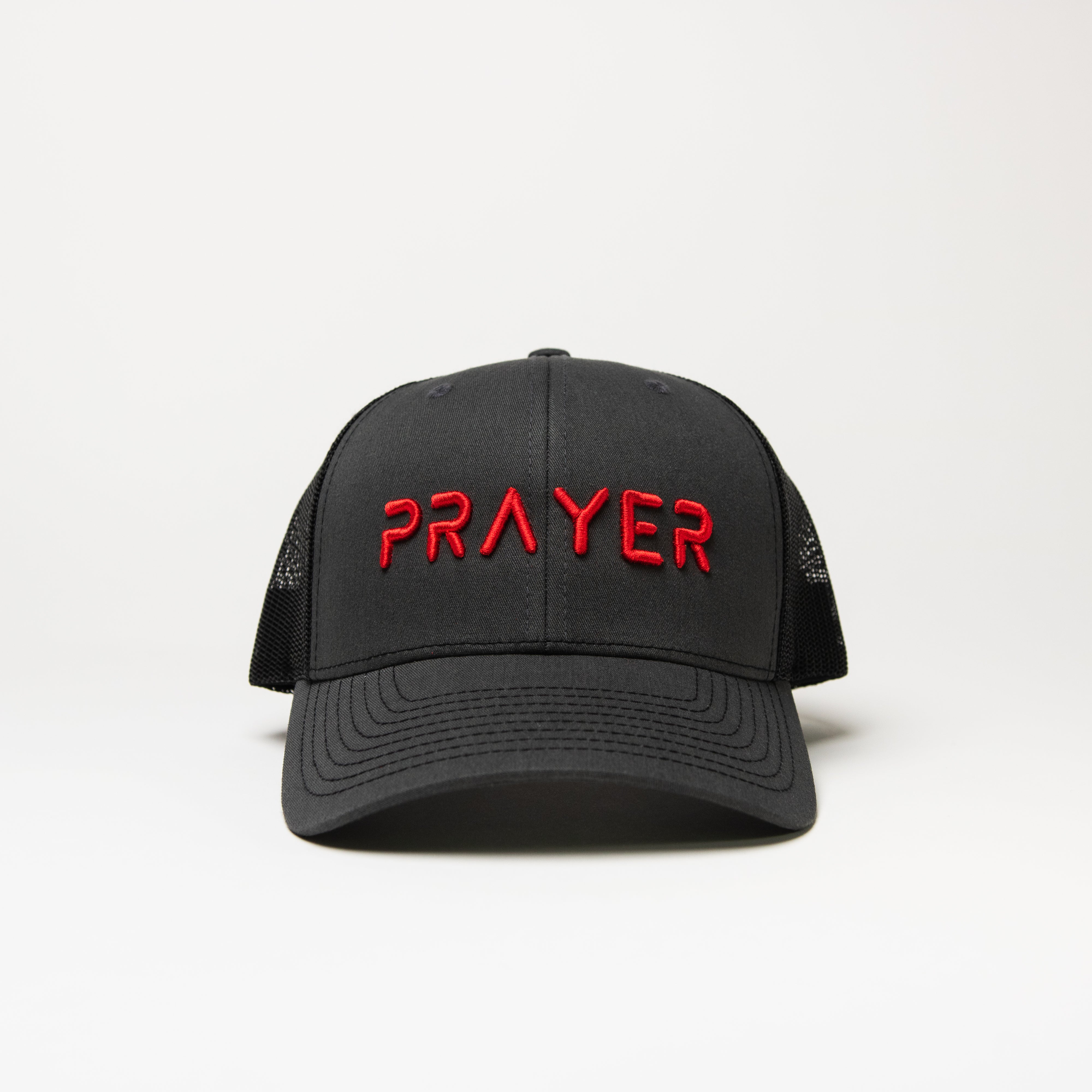 PRAYER Trucker Cap: Grey & Black with Red