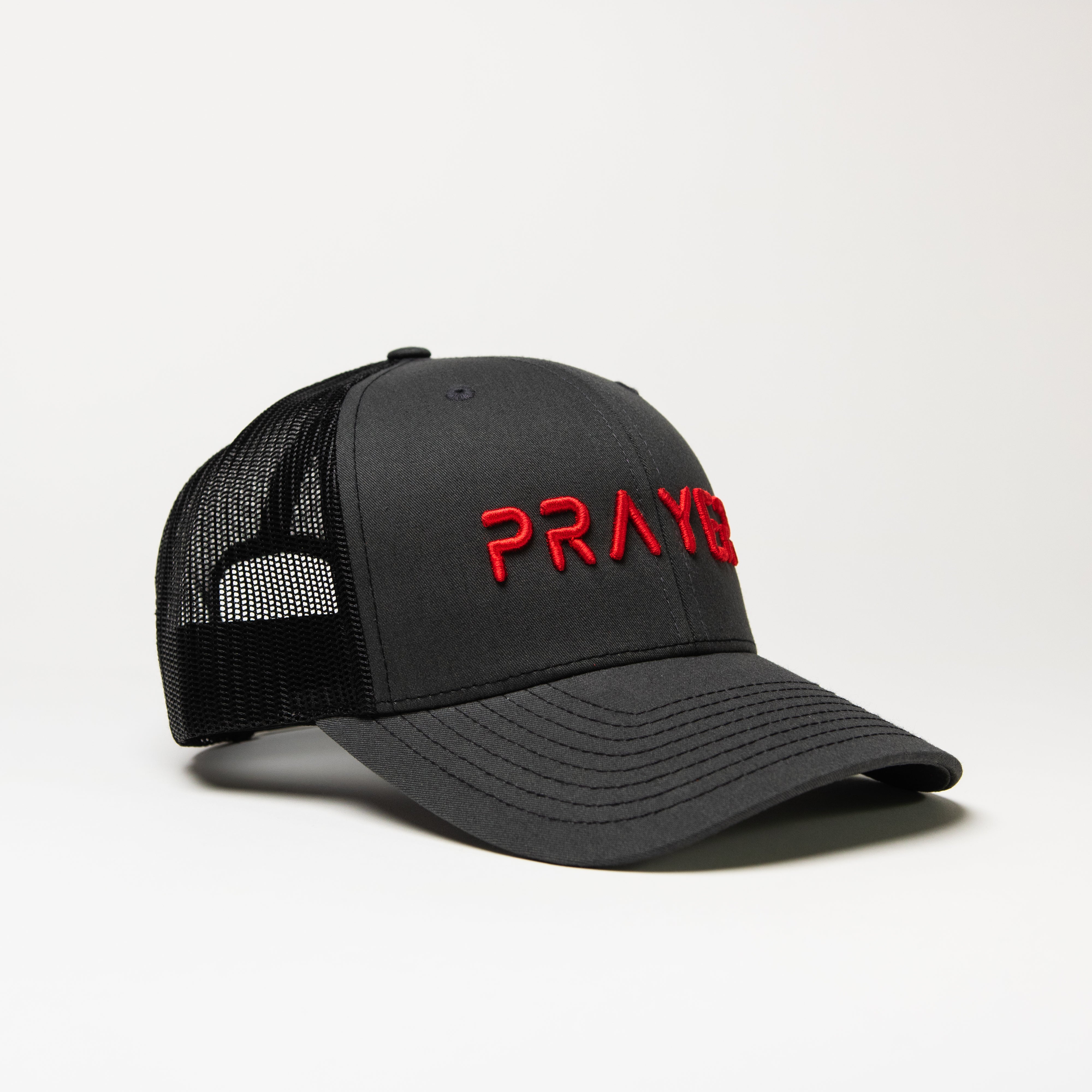PRAYER Trucker Cap: Grey & Black with Red
