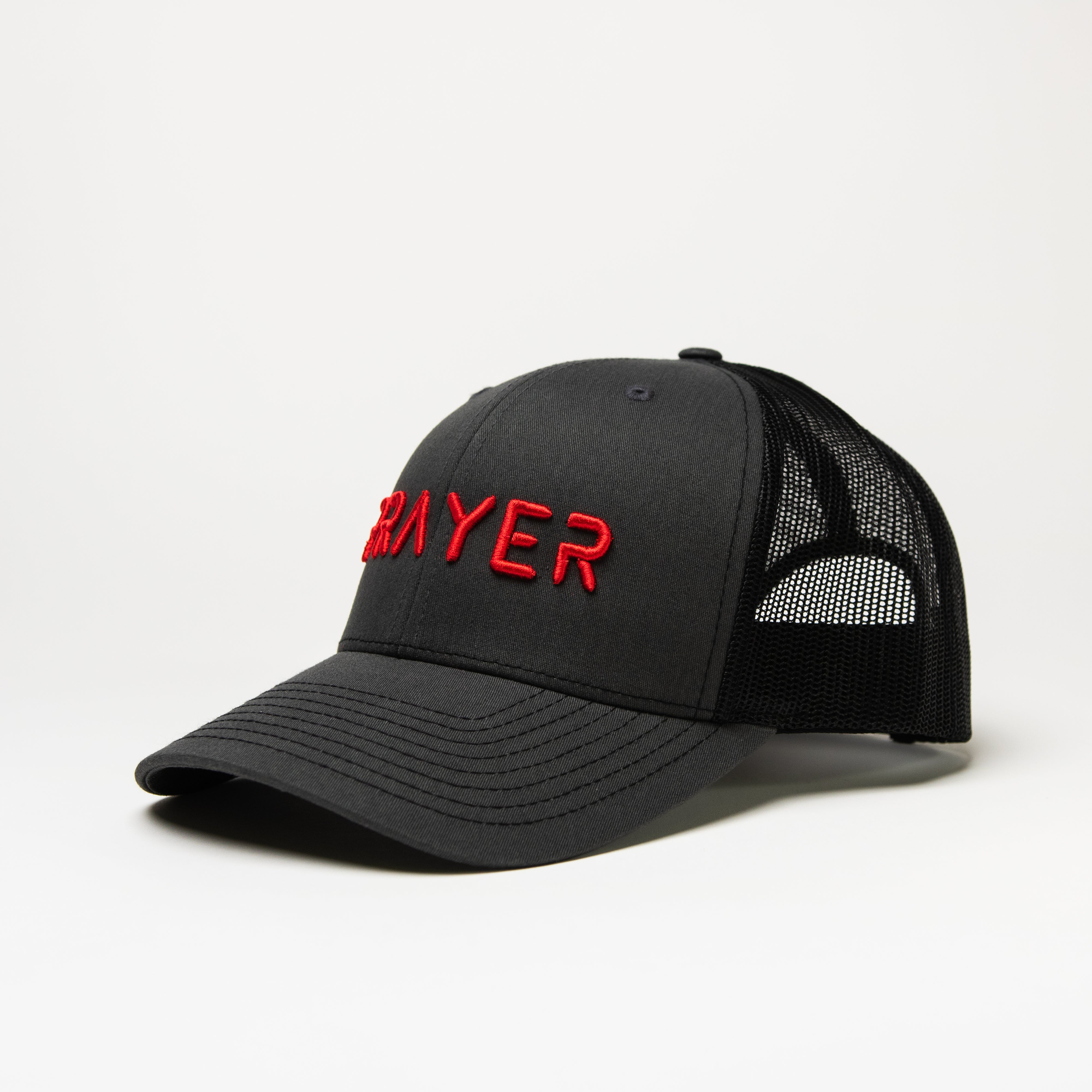 PRAYER Trucker Cap: Grey & Black with Red