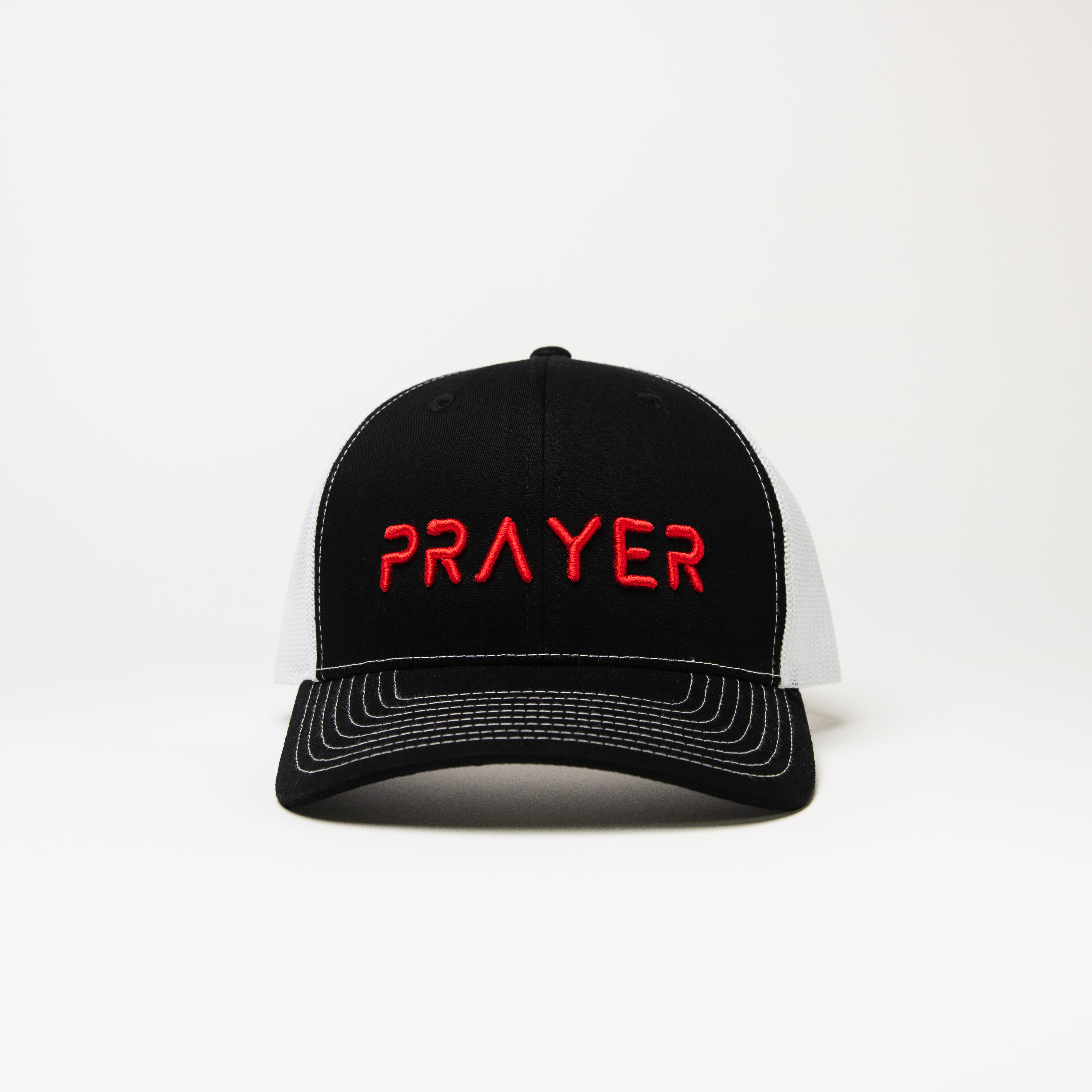 PRAYER Trucker Cap: White & Black with Red