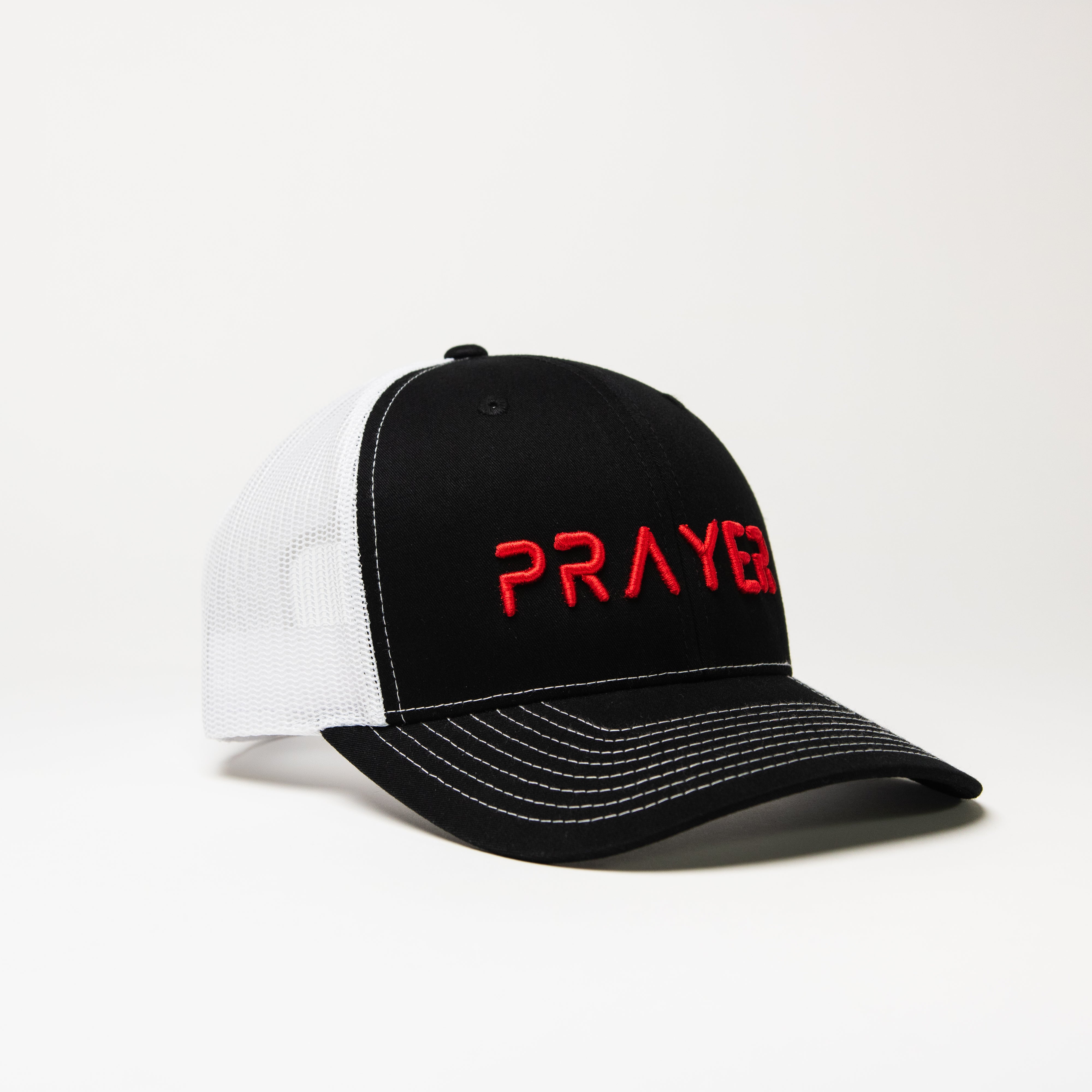 PRAYER Trucker Cap: White & Black with Red