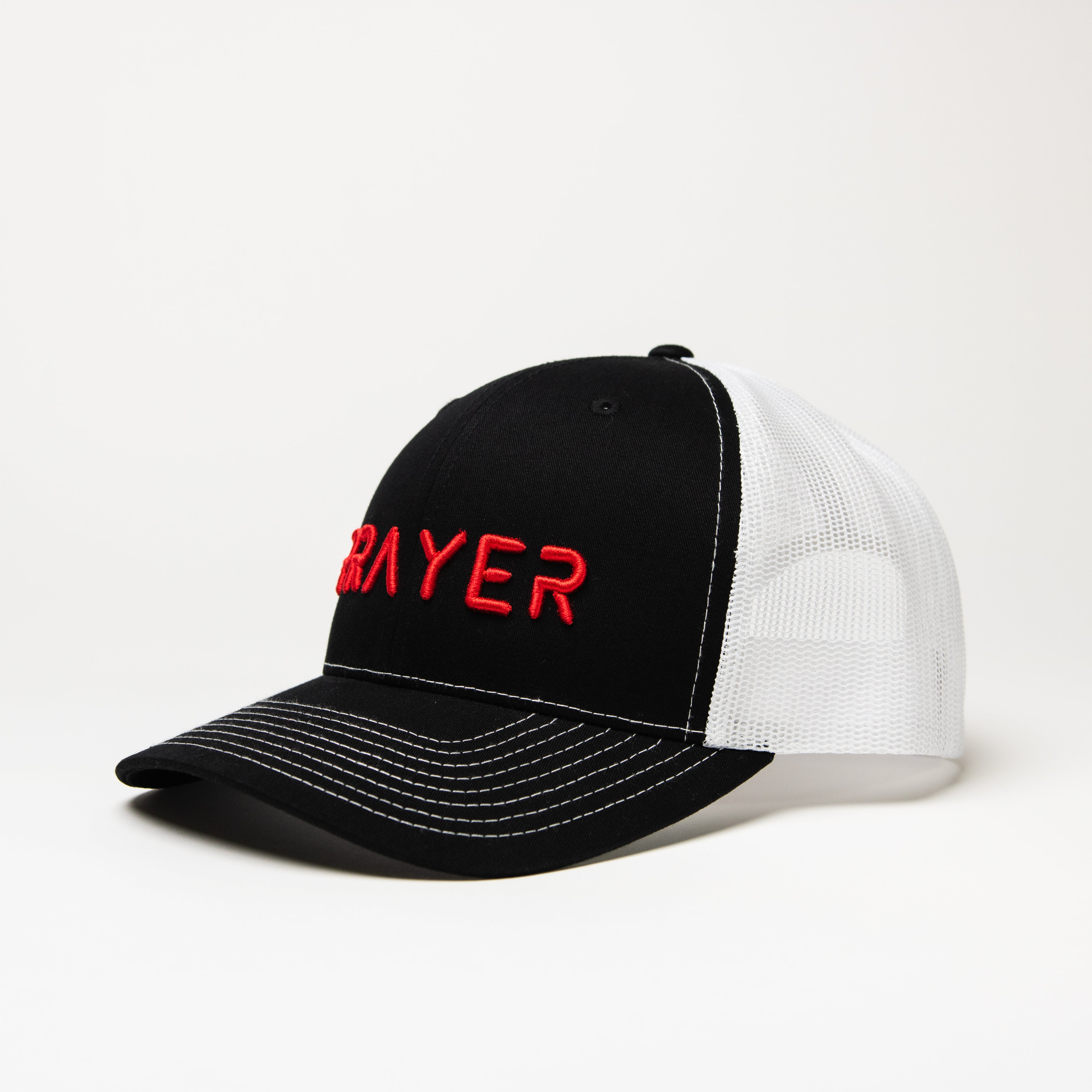 PRAYER Trucker Cap: White & Black with Red